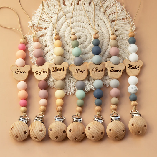 Custom Name Wooden Personalized Baby Pacifier Clip Chain Silicone Bead Dummy Nipple Holder Guard Teether Pendant Newborn Gift Stuff